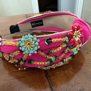 Bright Pink Beaded Headband with Floral Design